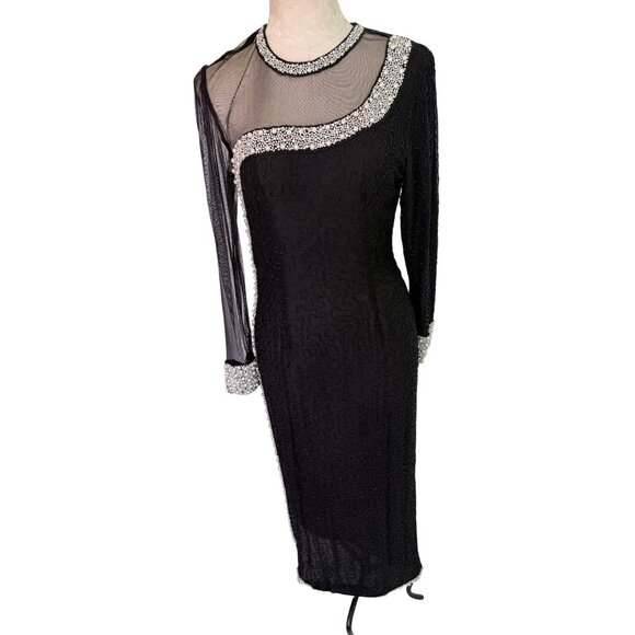 Judith Ann Creations Womens Heavily Beaded Illusion Dress Size S Black Vintage
